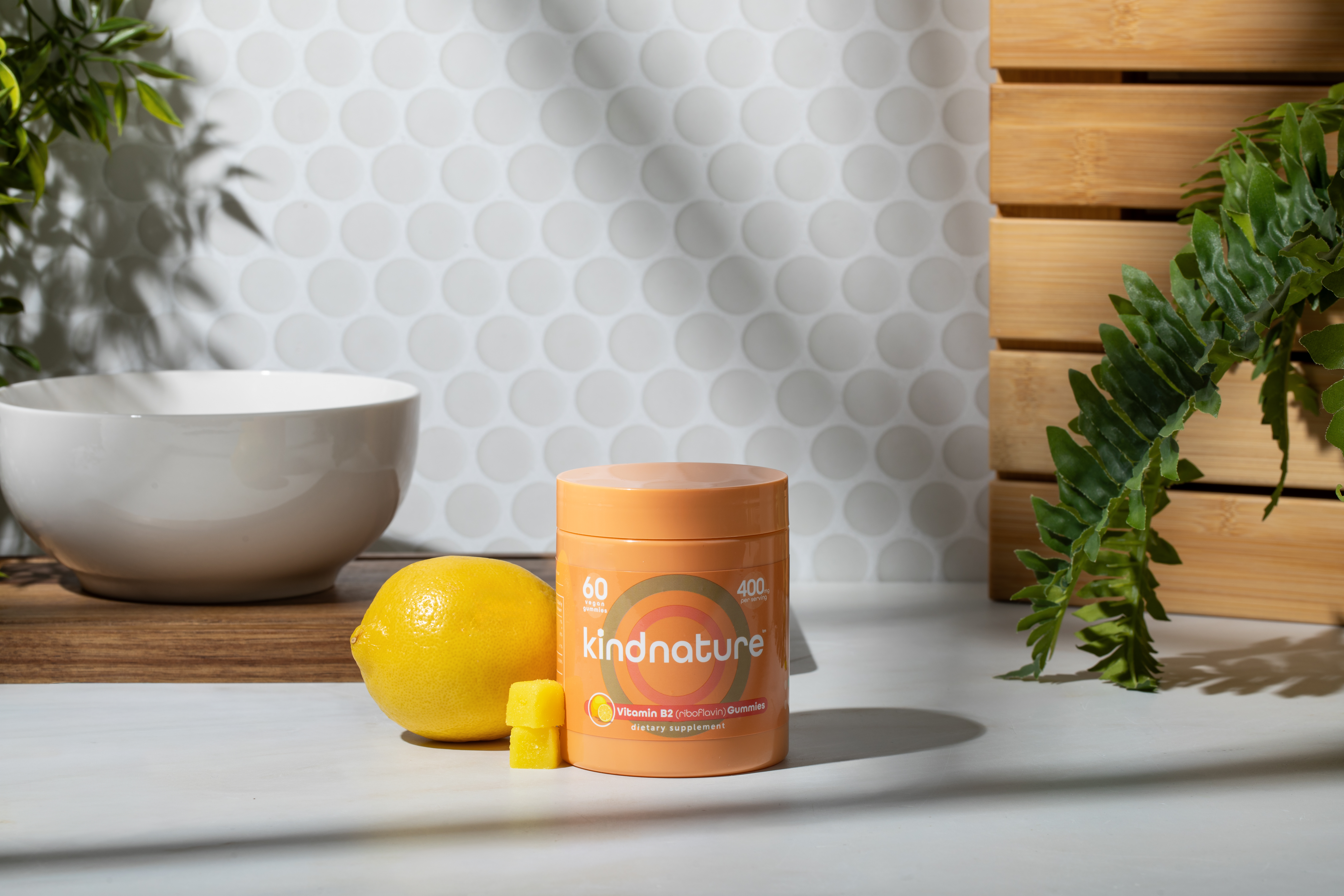 KINDNATURE Vitamin B2 Riboflavin gummies bottle on kitchen counter with natural lighting